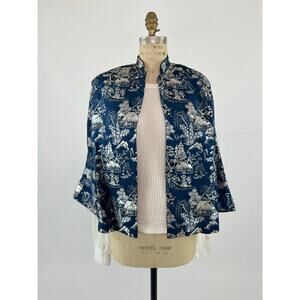 Vtg Y2K Asian Oriental Crop Jacket Staetment Blue & Silver Metallic OS